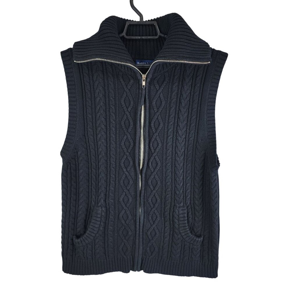 Womens Black Karen Scott Cable Knit Sweater Vest Full Zip Sleeveless Size M
